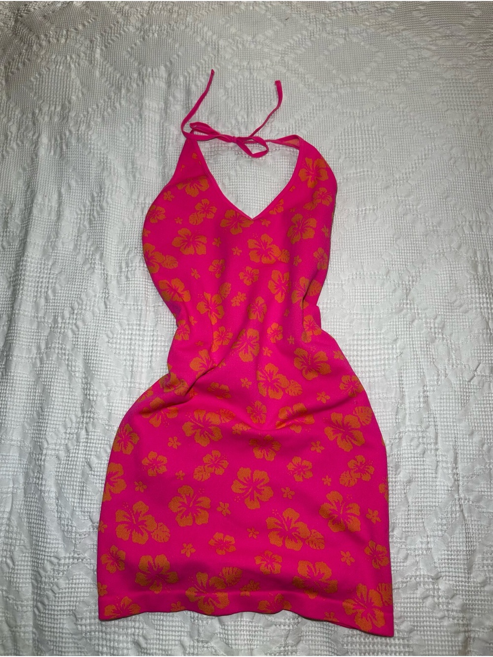 No boundaries Hot Pink and Orange Hawaiian Floral Beach y2k halter dress